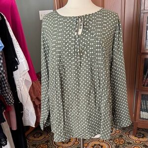 Suzanne Betro Olive Green Polka Dot Tie-Neck Blouse